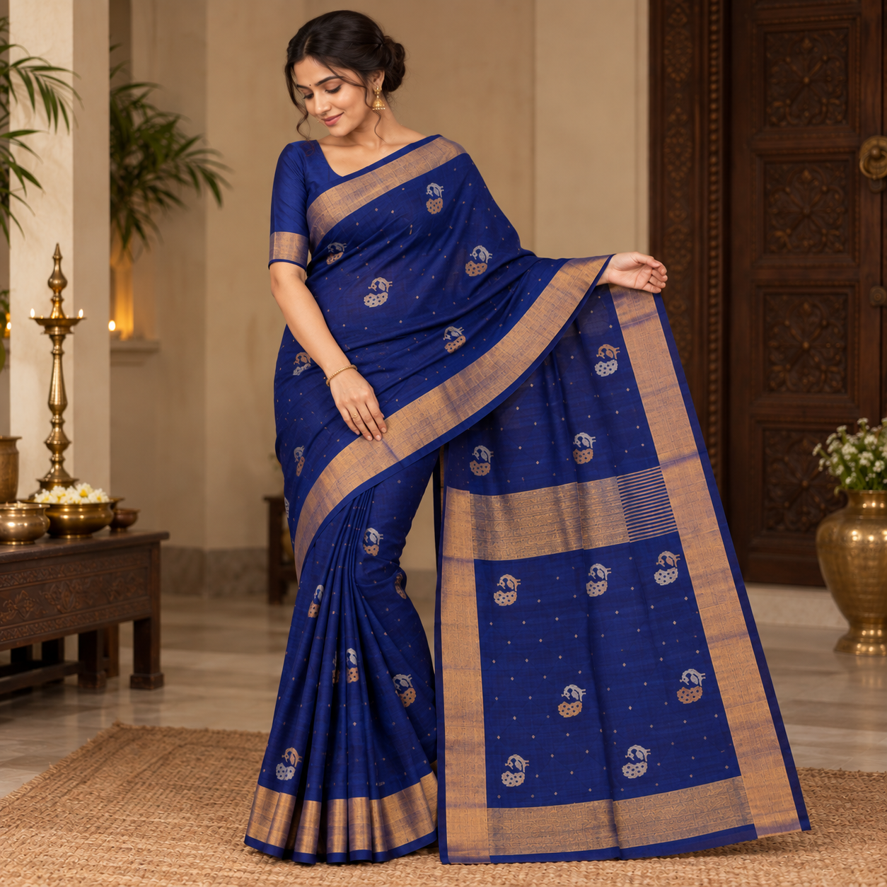 Royal Blue Handloom Saree with Traditional Gold Zari Border & Woven Motifs