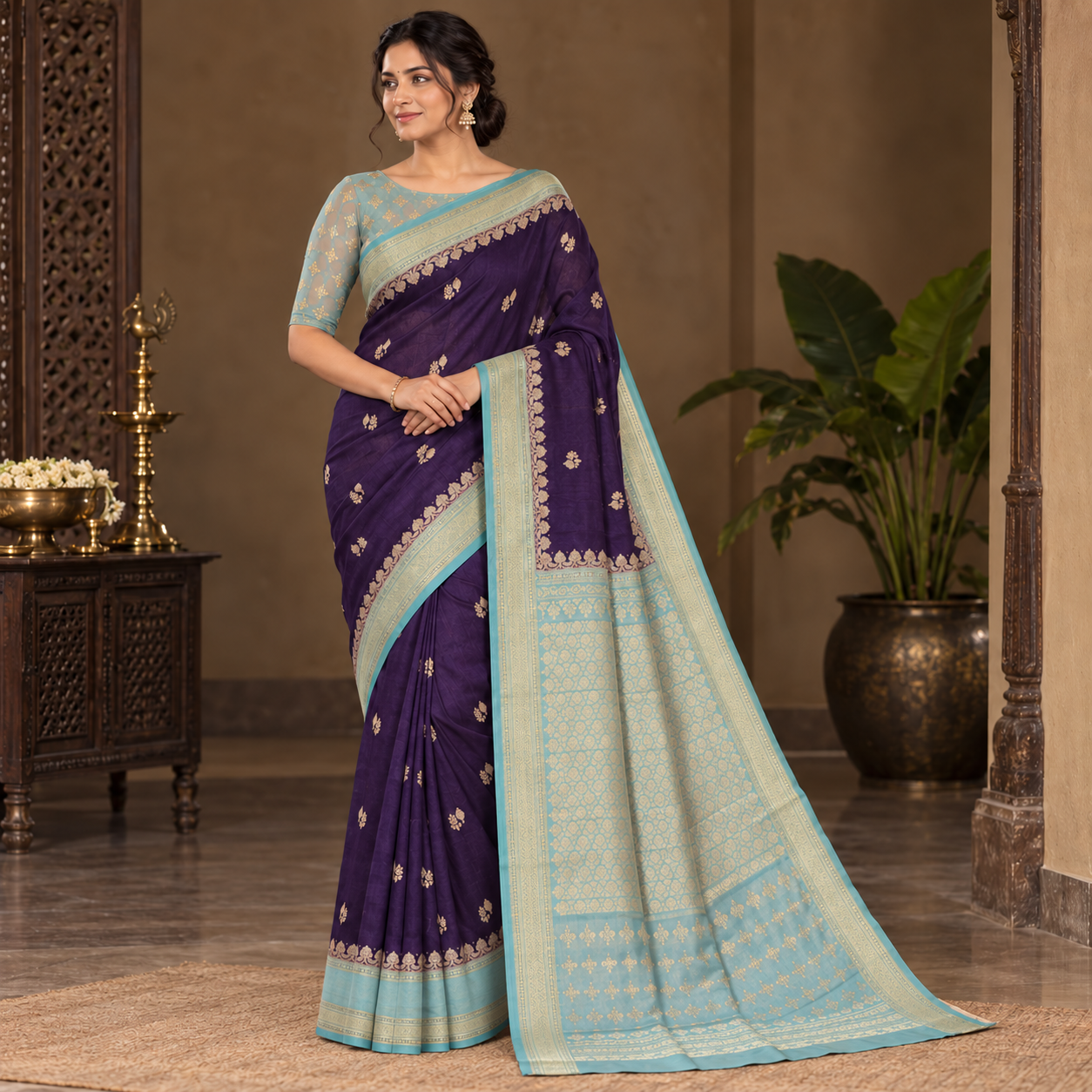 Elegant Purple Silk Saree with Aqua Zari Border & Gold Motifs