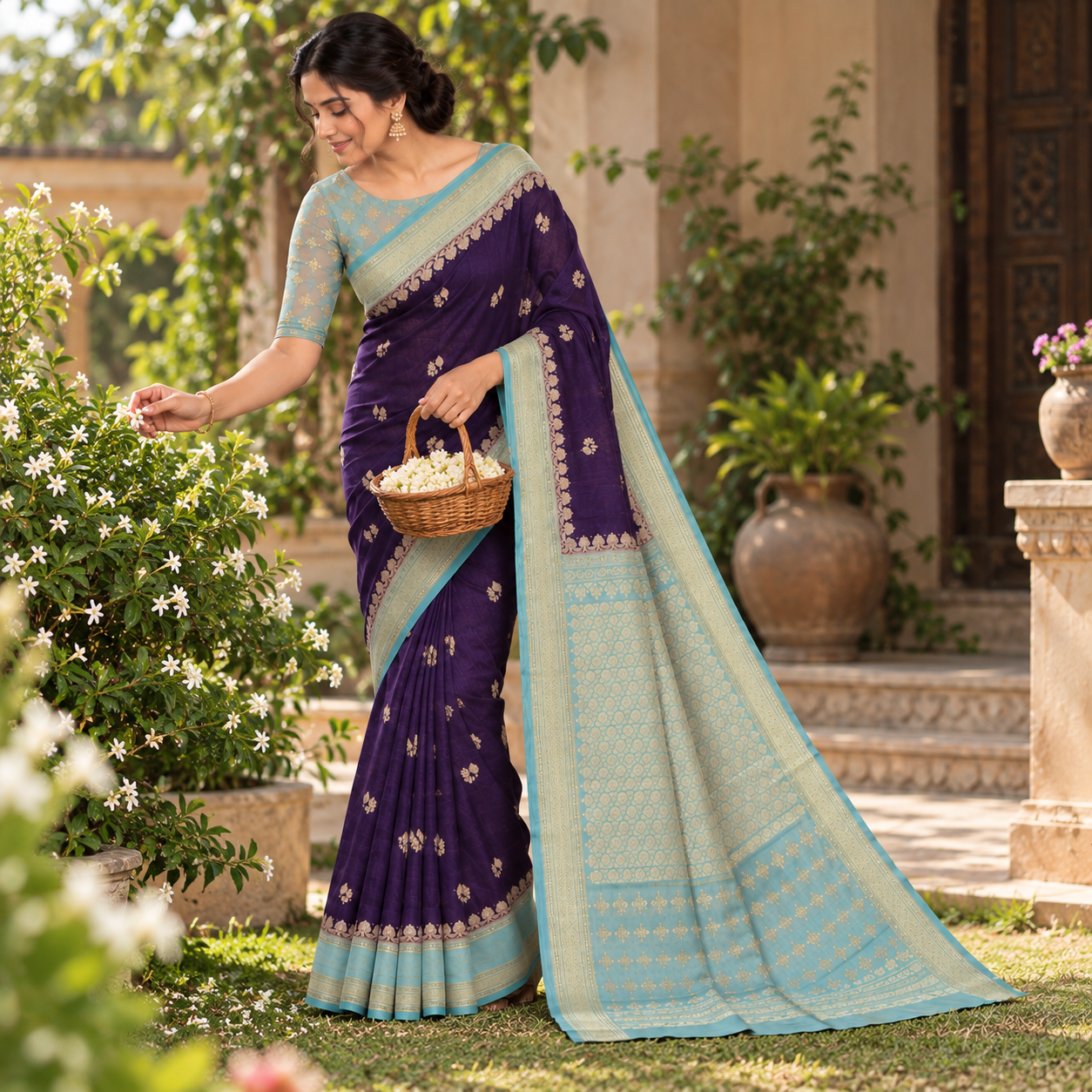 Elegant Purple Silk Saree with Aqua Zari Border & Gold Motifs