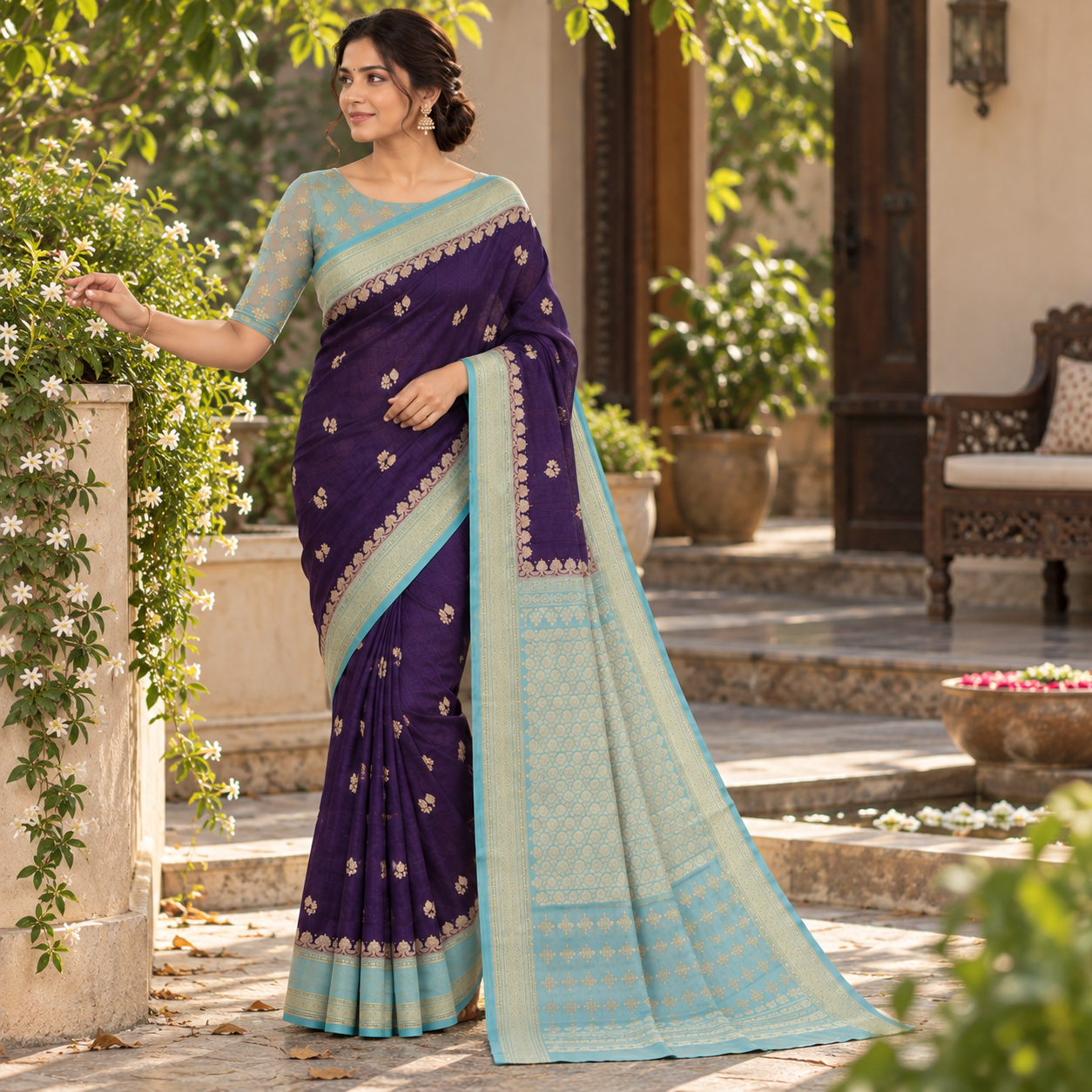 Elegant Purple Silk Saree with Aqua Zari Border & Gold Motifs