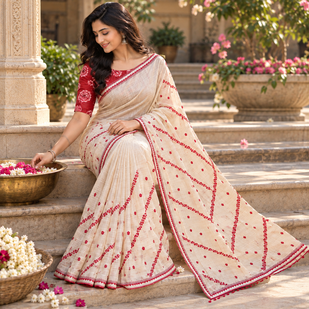 Elegant Cream Handloom-Style Saree with Red Floral Diagonal Motifs & Traditional Border