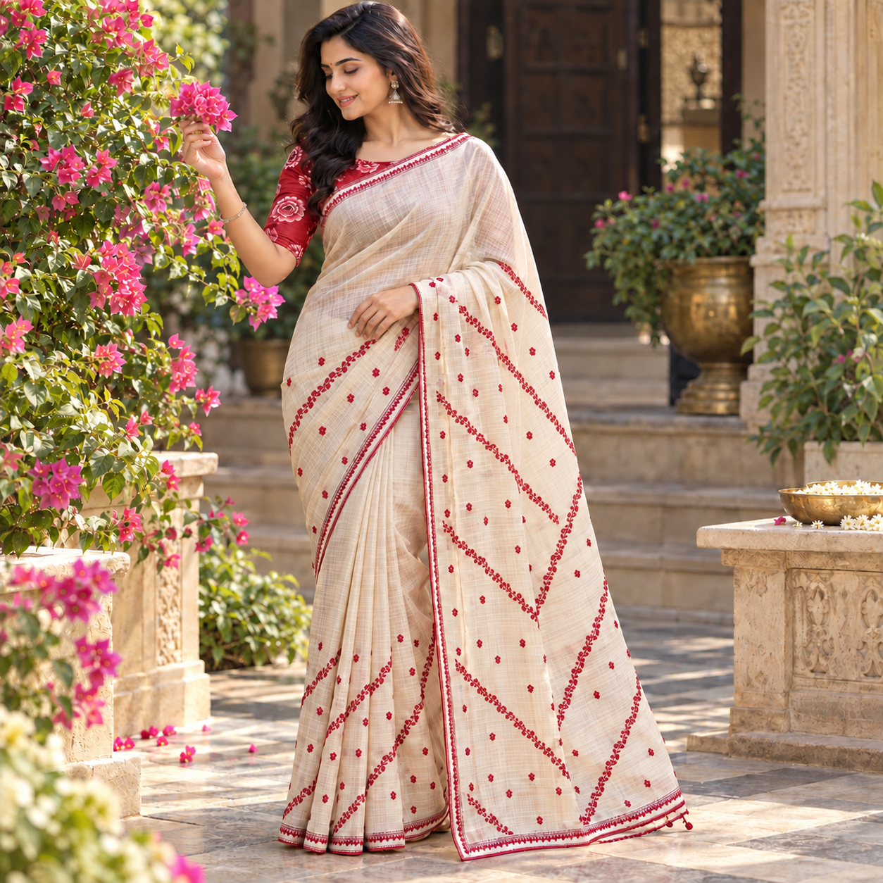 Elegant Cream Handloom-Style Saree with Red Floral Diagonal Motifs & Traditional Border
