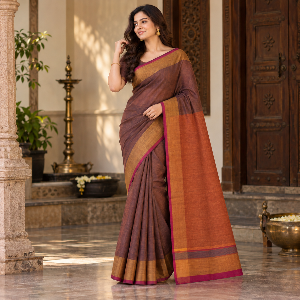Elegant Mauve-Brown & Mustard Gold Border Handloom Saree with Magenta Pallu