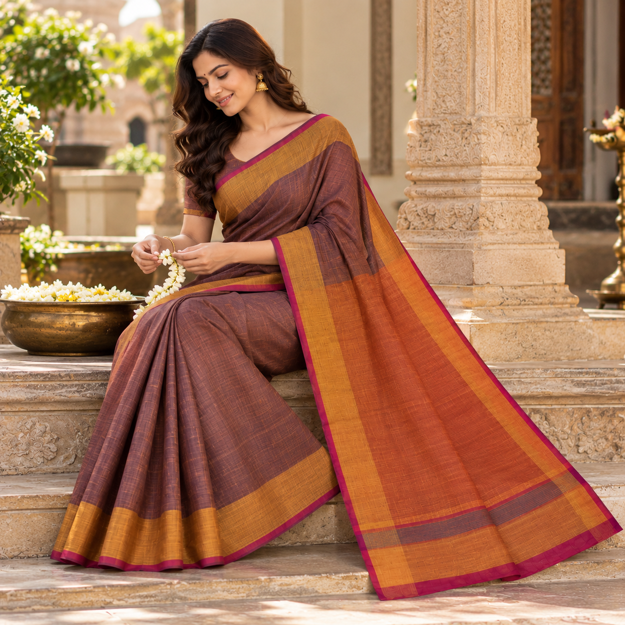 Elegant Mauve-Brown & Mustard Gold Border Handloom Saree with Magenta Pallu