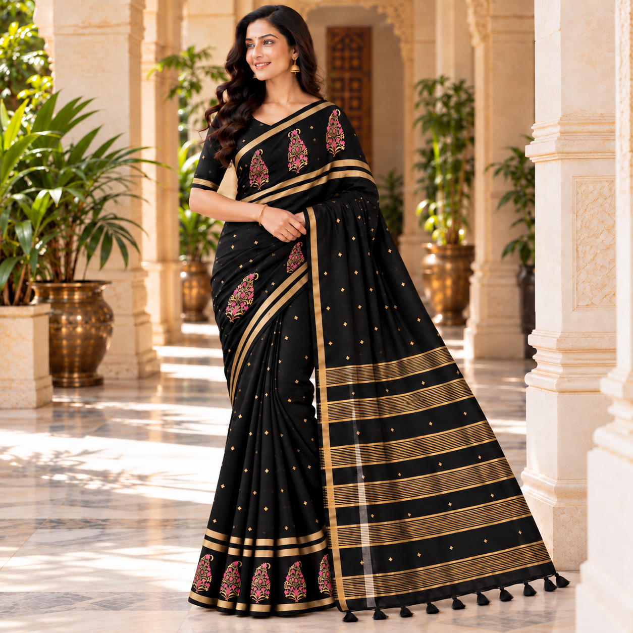 Elegant Black Saree with Gold Stripes and Pink Floral Embroidery