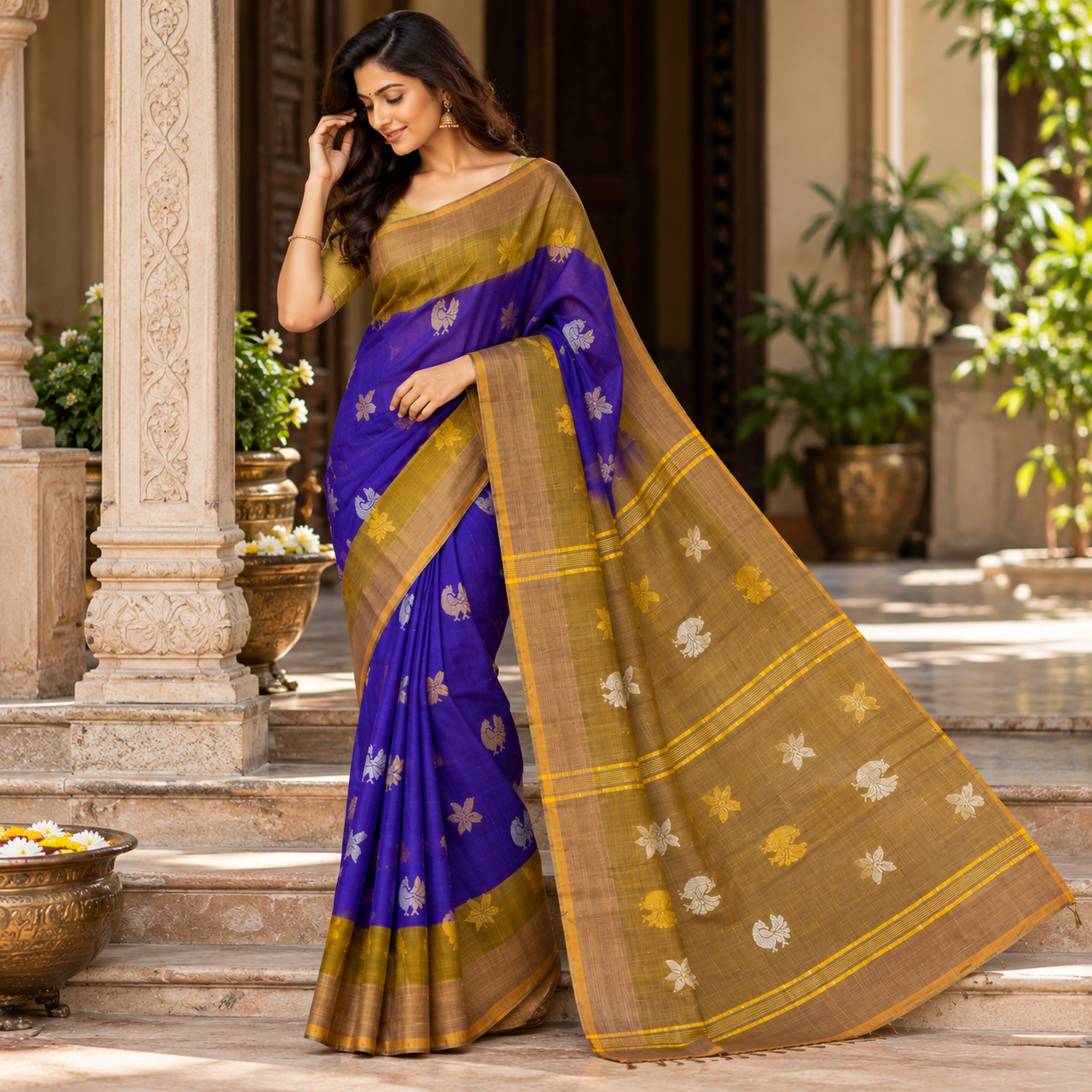 Royal Purple Silk Saree with Gold and Olive-Mustard Floral Motifs