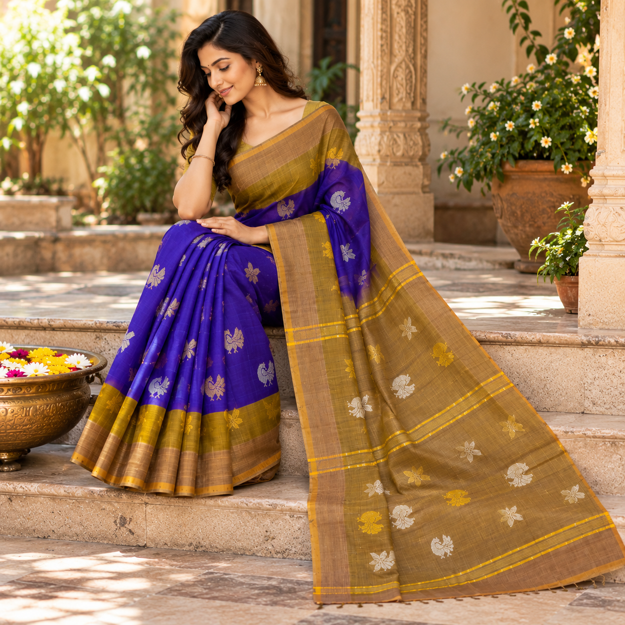 Royal Purple Silk Saree with Gold and Olive-Mustard Floral Motifs