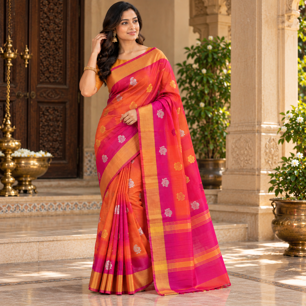 Elegant Orange and Pink Floral Silk Saree with Golden Border