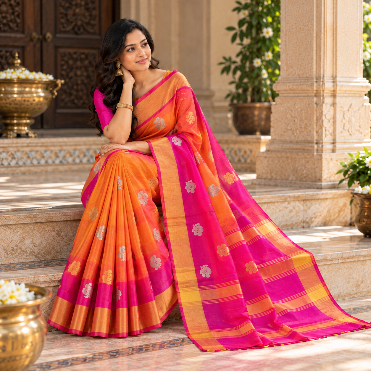 Elegant Orange and Pink Floral Silk Saree with Golden Border