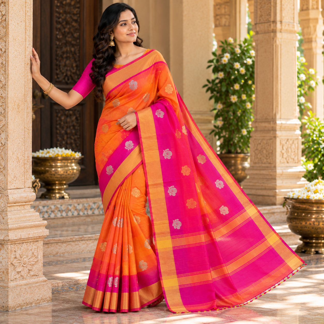 Elegant Orange and Pink Floral Silk Saree with Golden Border