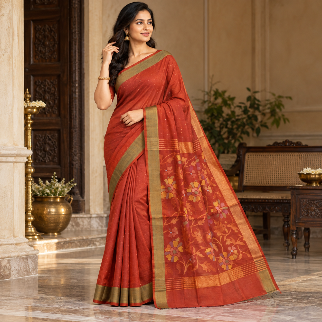 Elegant Rust Red Floral Pallu Saree with Olive-Gold Border