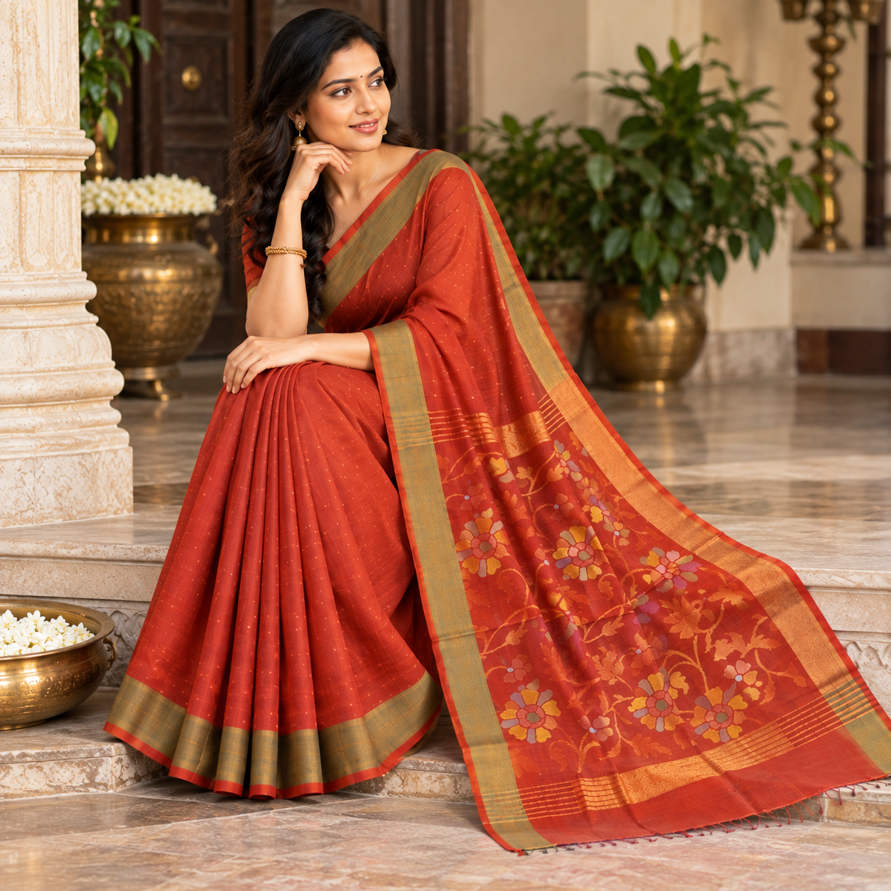 Elegant Rust Red Floral Pallu Saree with Olive-Gold Border
