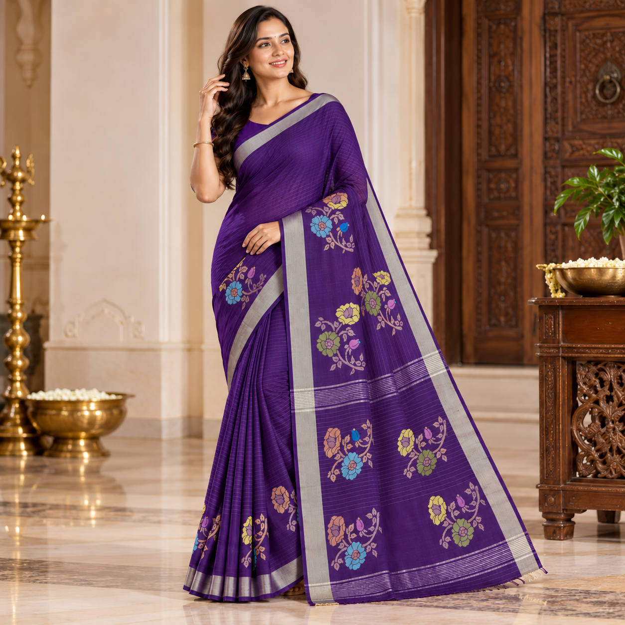 Elegant Royal Purple Floral Embroidered Saree with Silver Border
