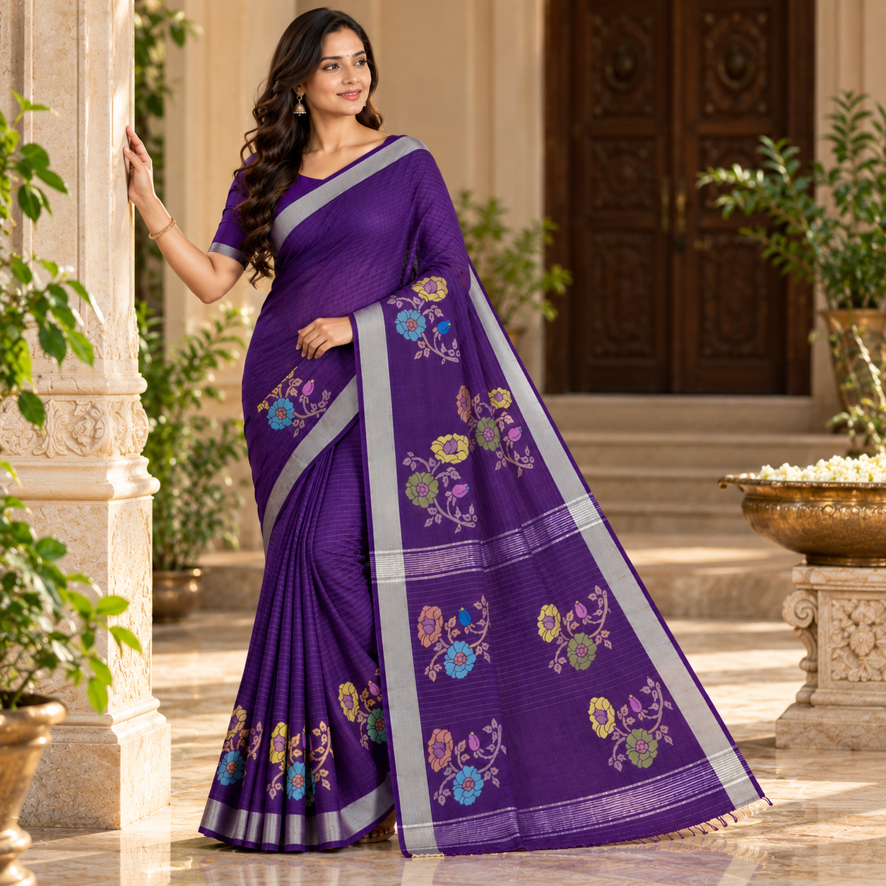 Elegant Royal Purple Floral Embroidered Saree with Silver Border