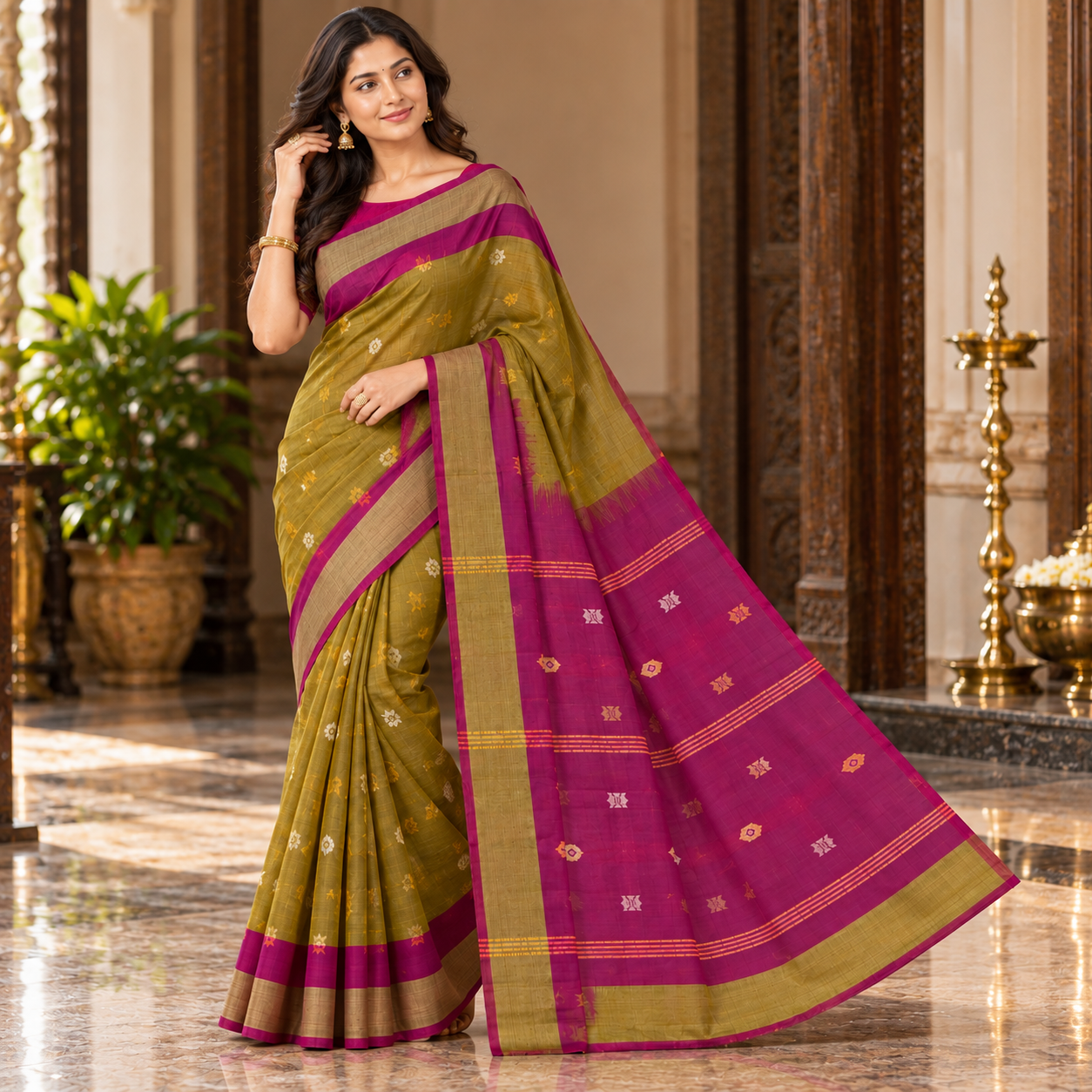 Elegant Olive Green & Magenta Traditional Silk Saree with Golden Border