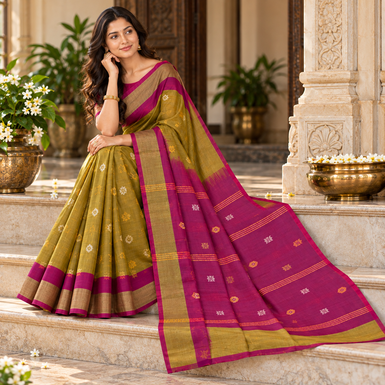 Elegant Olive Green & Magenta Traditional Silk Saree with Golden Border