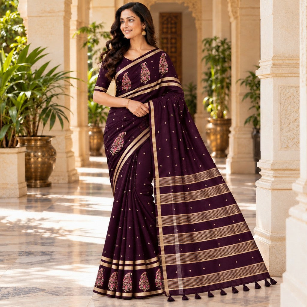 Elegant Deep Plum Saree with Antique Gold Borders & Floral Embroidery