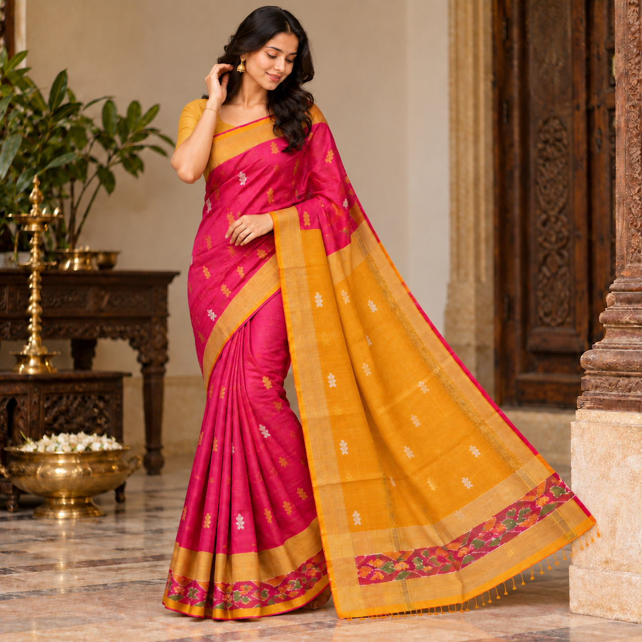 Royal Magenta Silk Saree with Mustard Gold Floral Border