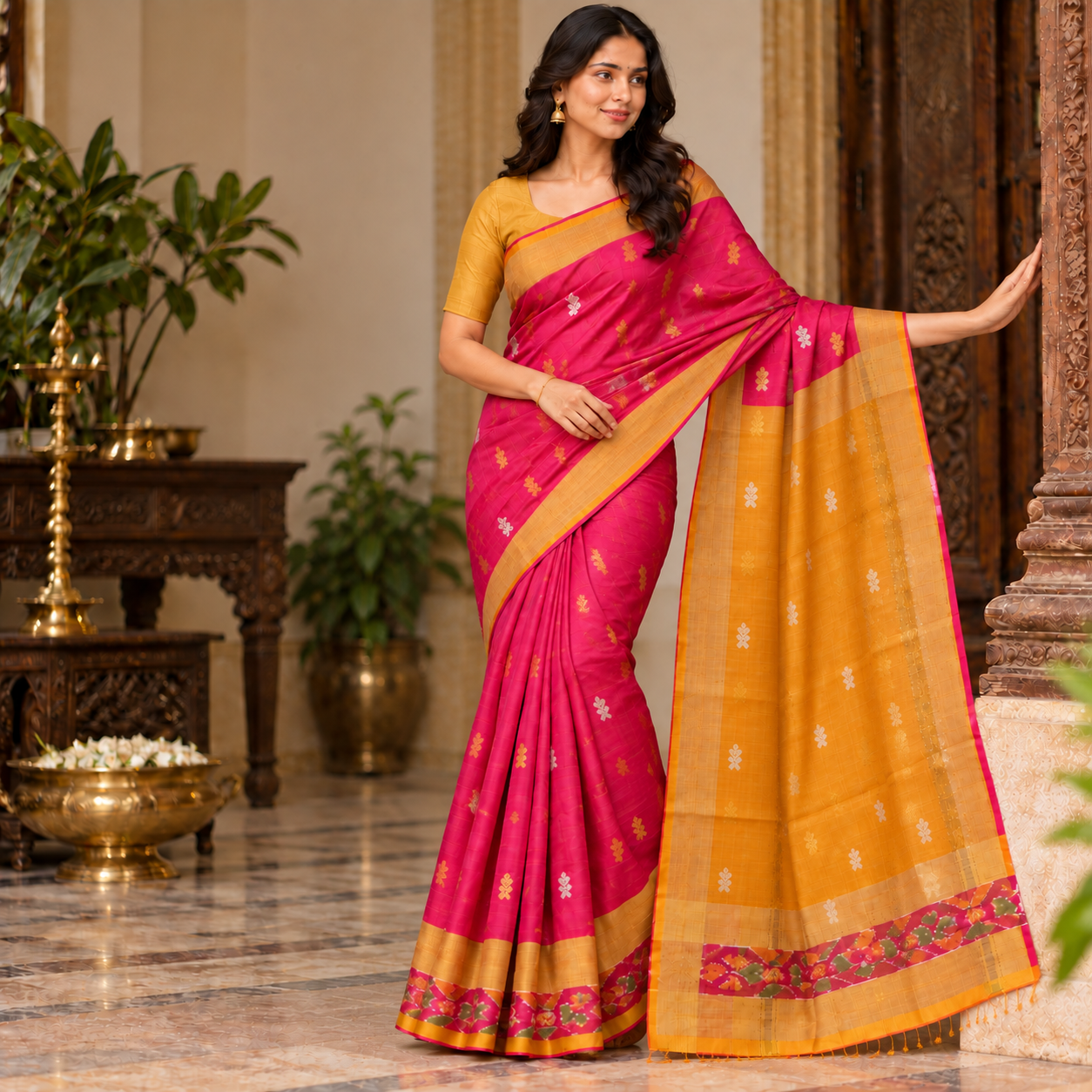 Royal Magenta Silk Saree with Mustard Gold Floral Border