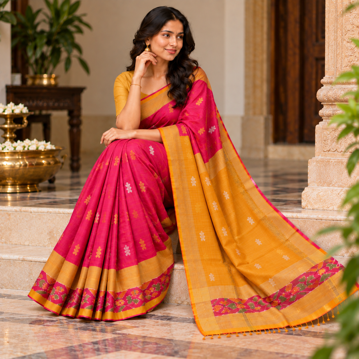 Royal Magenta Silk Saree with Mustard Gold Floral Border
