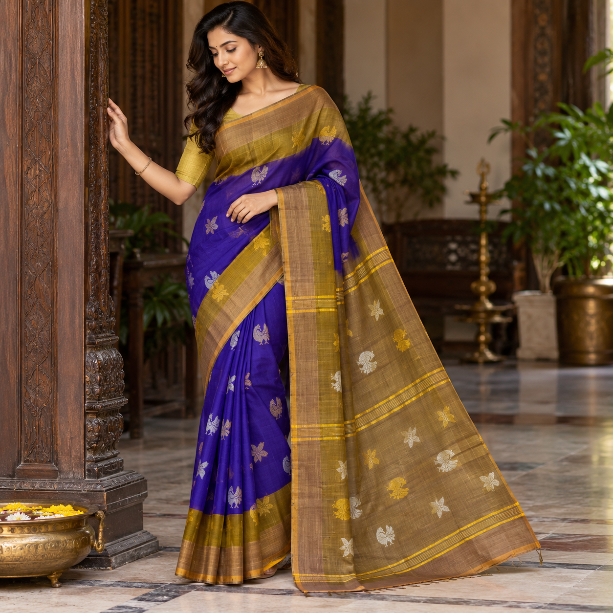 Royal Purple Silk Saree with Gold and Olive-Mustard Floral Motifs