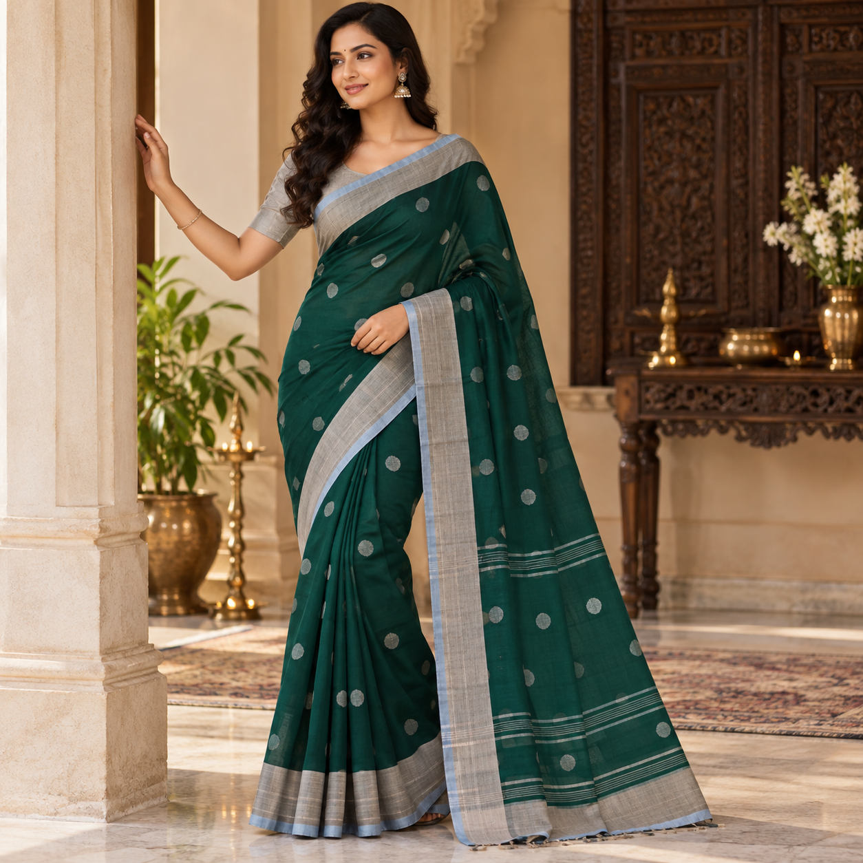 Elegant Emerald Green Saree with Silver Polka Dots and Contrast Border