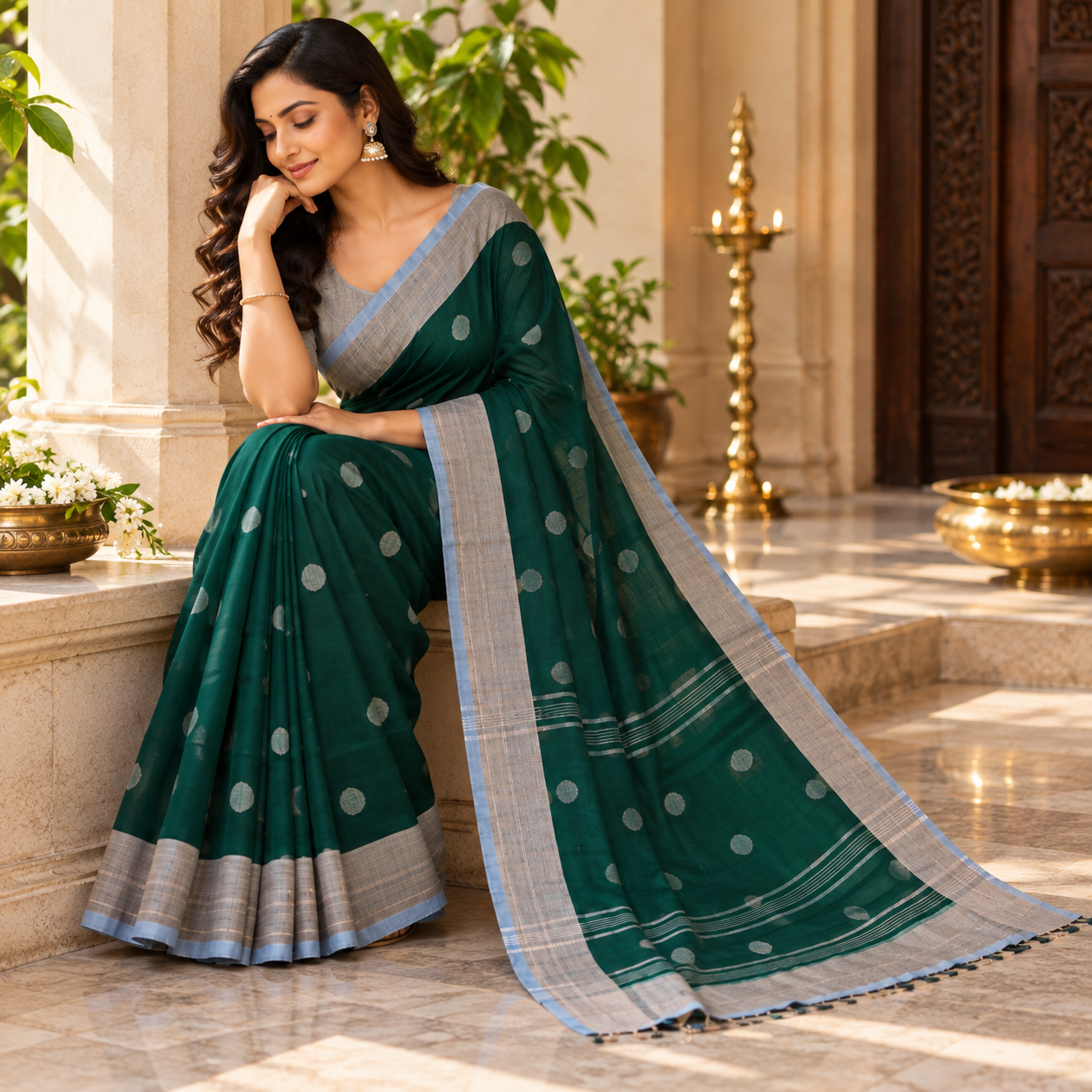 Elegant Emerald Green Saree with Silver Polka Dots and Contrast Border