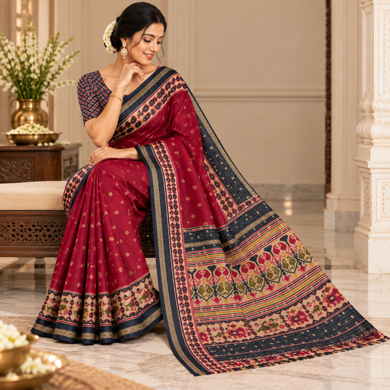 Elegant Maroon Traditional Saree with Intricate Multicolour Woven Border