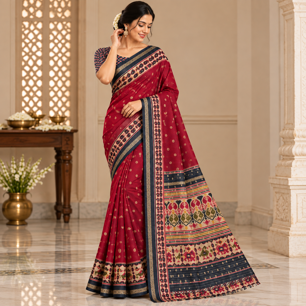 Elegant Maroon Traditional Saree with Intricate Multicolour Woven Border
