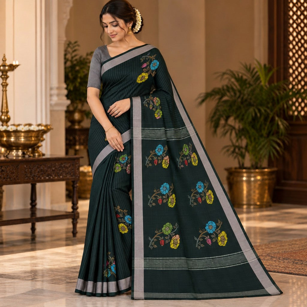 Elegant Forest Green Floral Printed Saree with Silver Border