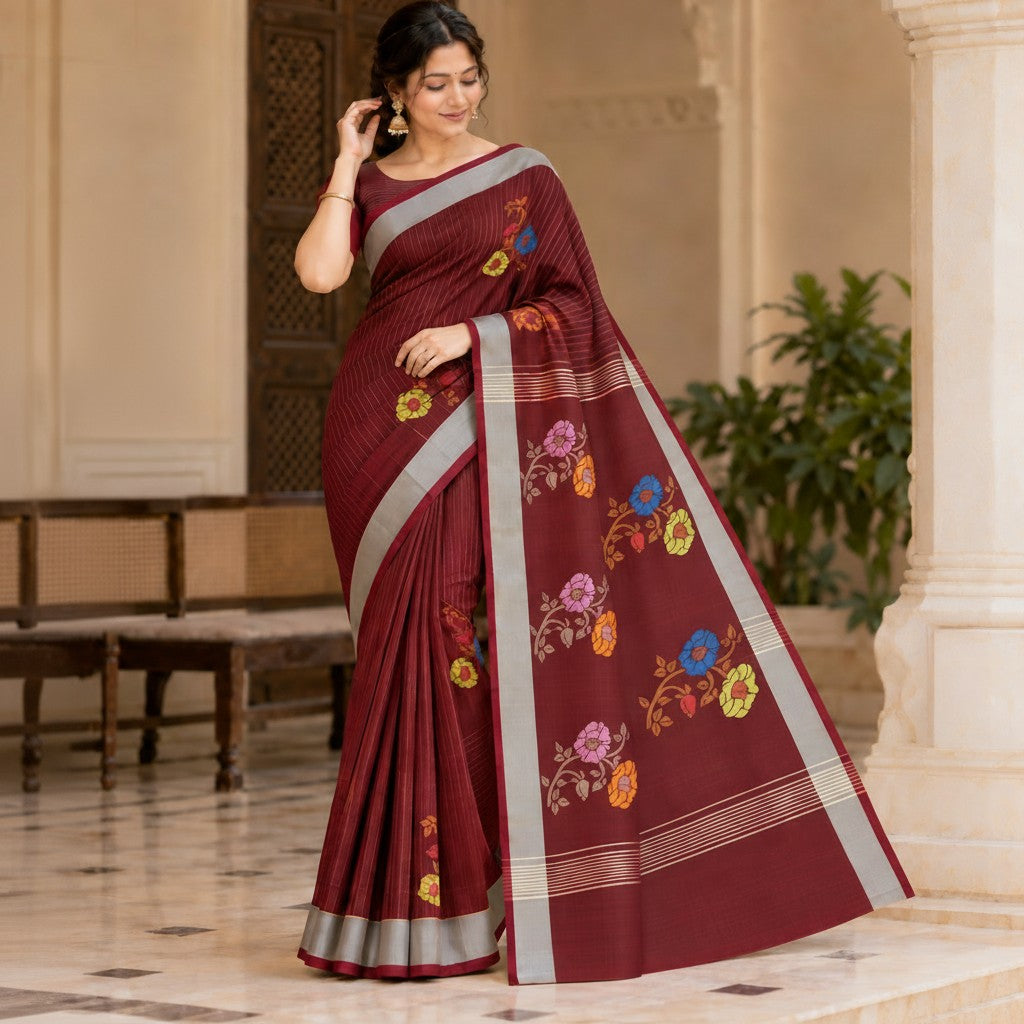 Elegant Maroon Floral Printed Saree with Silver Border