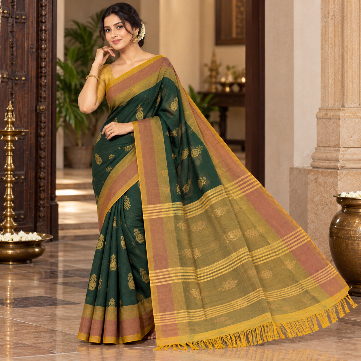Elegant Forest Green Silk Saree with Antique Gold Butta and Mustard-Rust Border
