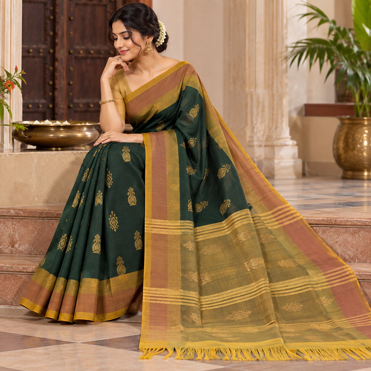 Elegant Forest Green Silk Saree with Antique Gold Butta and Mustard-Rust Border