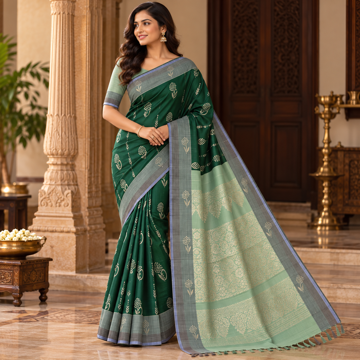 Emerald Green Uppada Silk Saree with Silver Paisley Motifs & Mint Floral Pallu