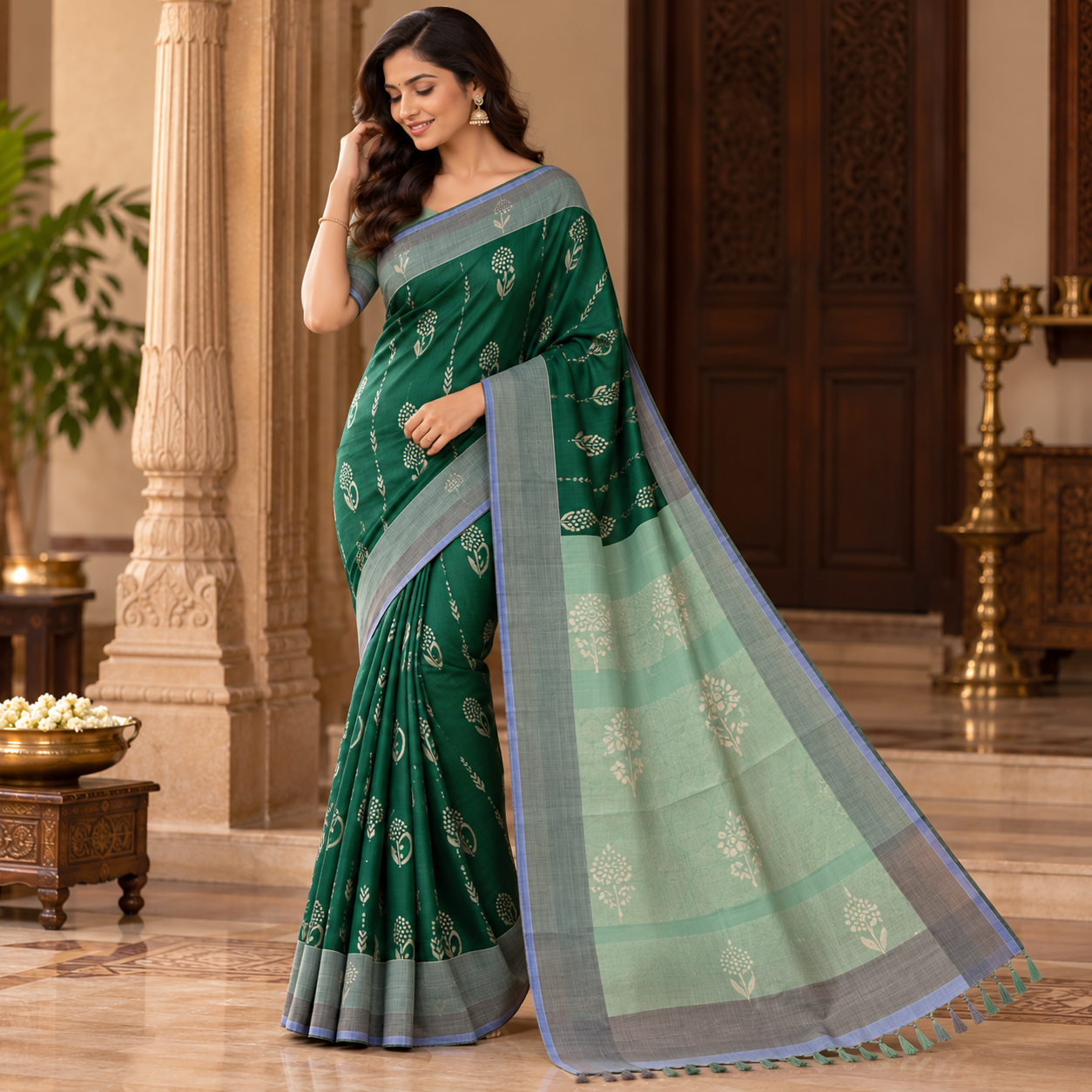 Emerald Green Uppada Silk Saree with Silver Paisley Motifs & Mint Floral Pallu