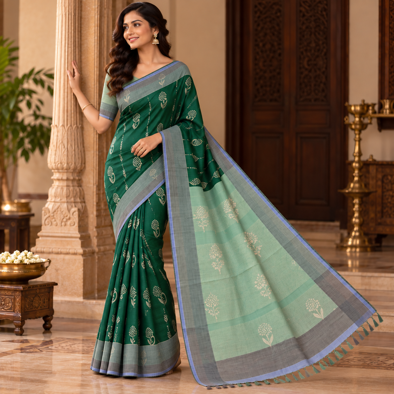 Emerald Green Uppada Silk Saree with Silver Paisley Motifs & Mint Floral Pallu