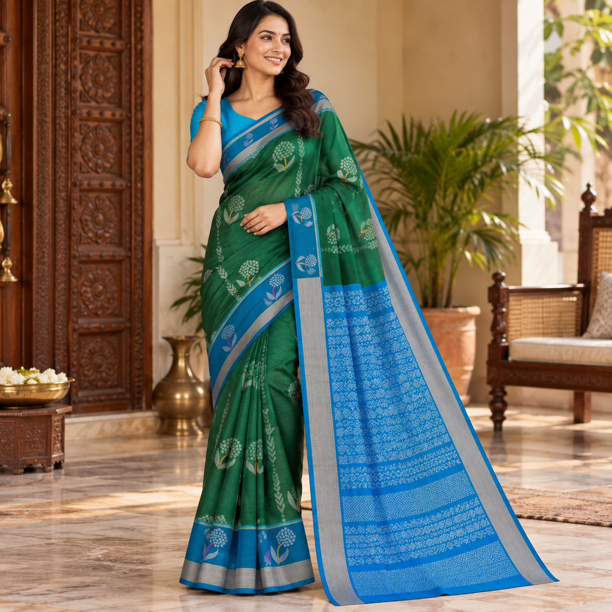 Elegant Emerald Green and Royal Blue Designer Saree with Silver-Grey Border