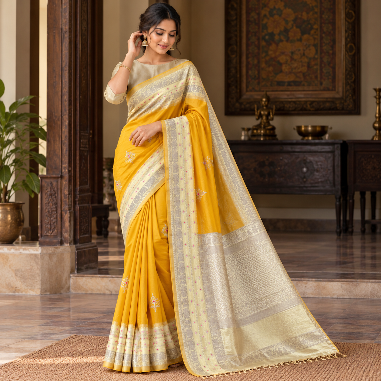 Mustard Yellow Silk Saree with Elegant Silver Zari Border & Floral Embroidery