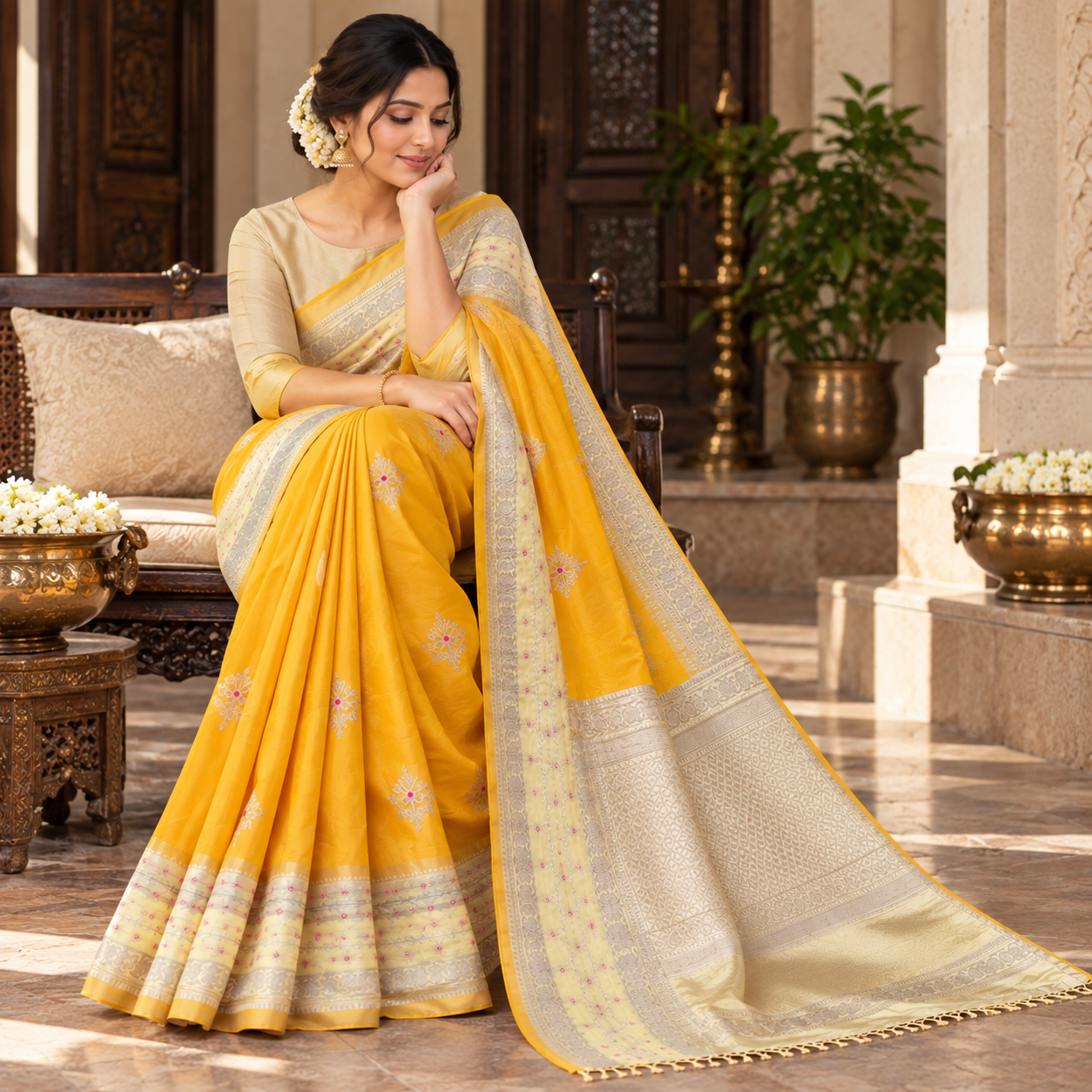 Mustard Yellow Silk Saree with Elegant Silver Zari Border & Floral Embroidery