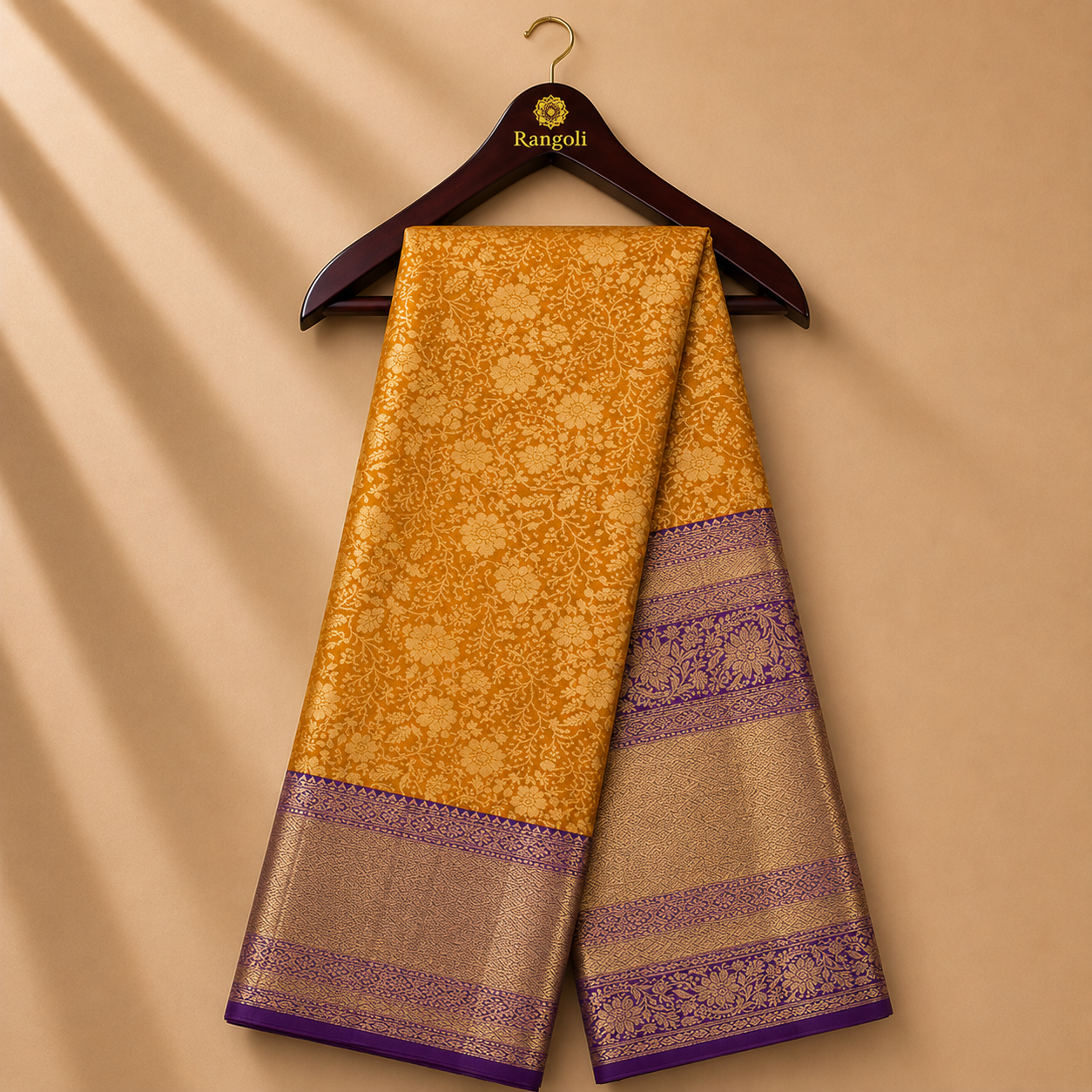 Mustard Yellow Kanchi Pattu Silk Saree with Royal Purple Zari Border
