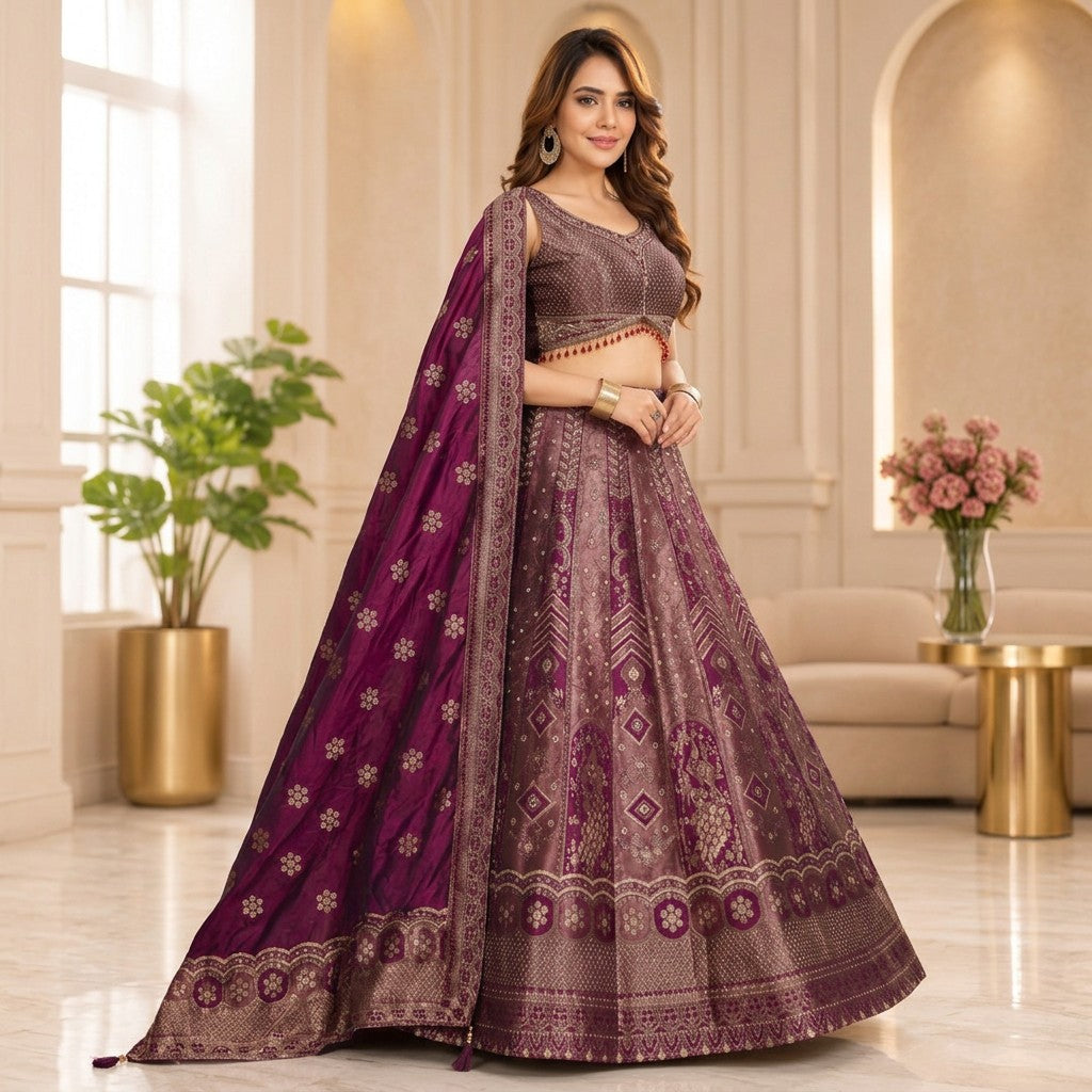Royal Wine Banaras Lehenga Set with Designer Blouse & Dupatta