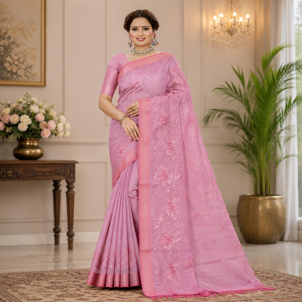Elegant Pastel Pink Floral Embroidered Linen Saree with Contrast Woven Border