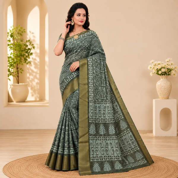 Elegant Olive Green Printed Cotton Silk Saree with Traditional Woven Border
