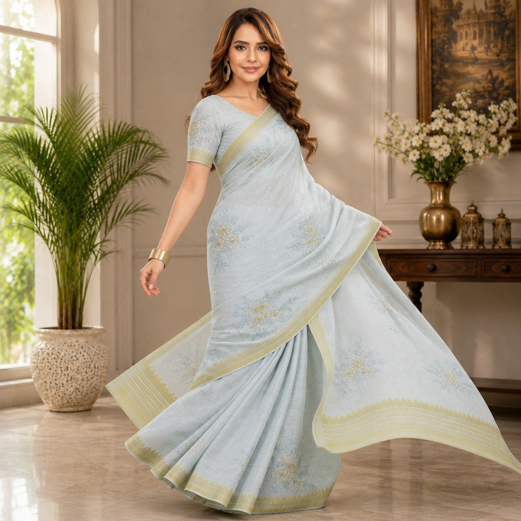 Elegant Ice Blue Embroidered Linen Blend Saree with Olive Green Woven Border