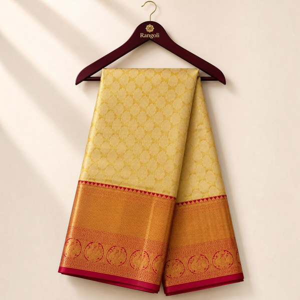 Premium Gold Kanchi Pattu Silk Saree with Rich Zari Weaving & Contrast Pink Temple Border