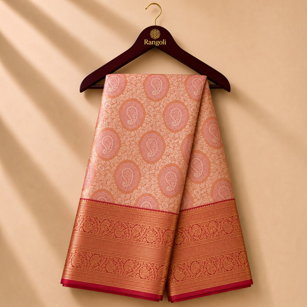 Elegant Peach Kanchi Pattu Silk Saree with Traditional Paisley Weaving & Rich Zari Border