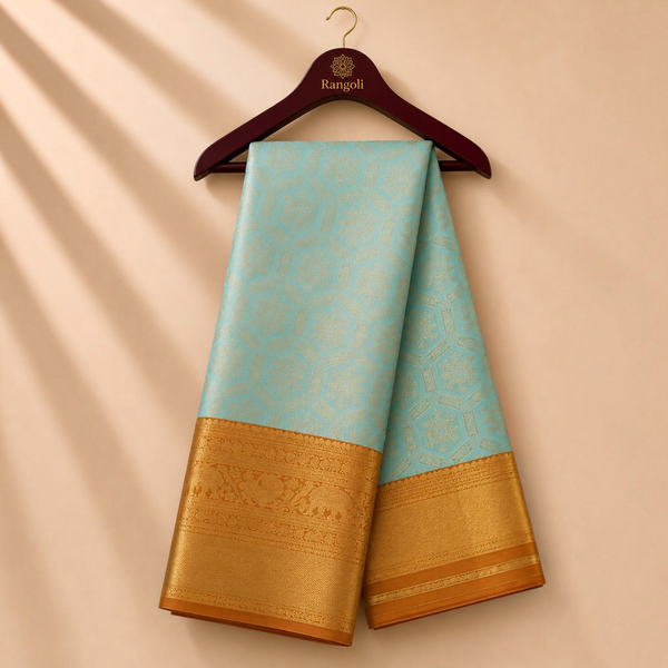 Premium Turquoise Blue Kanchi Pattu Silk Saree with Grand Gold Zari Border