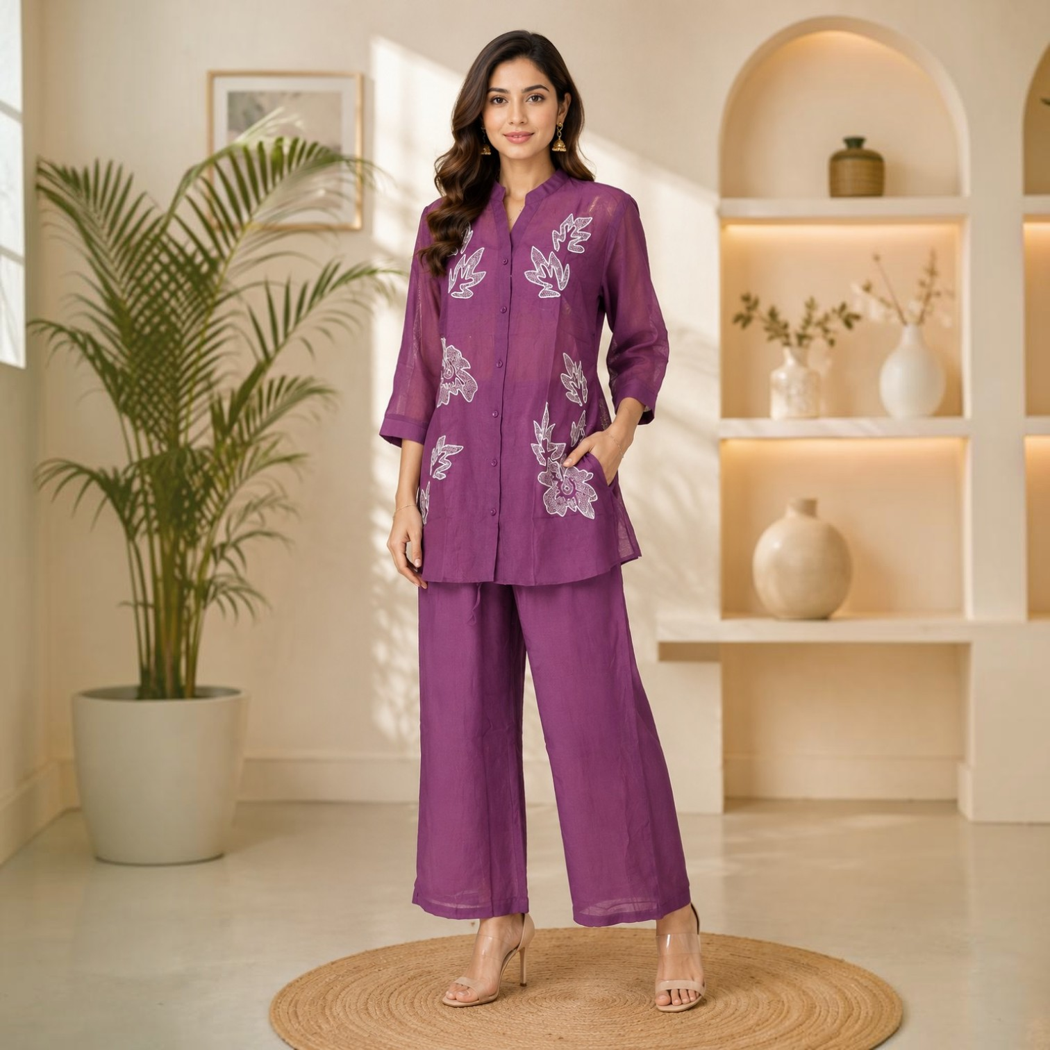 Plum Purple Embroidered Cotton Linen Co-Ord Set for Women
