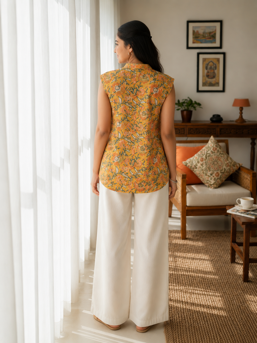 Rayon/Cotton Silk Floral Tunic Sleeveless Button-Down