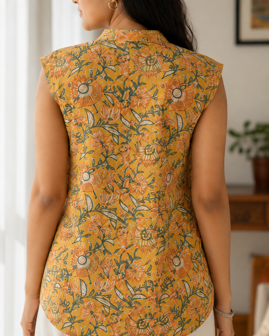 Rayon/Cotton Silk Floral Tunic Sleeveless Button-Down